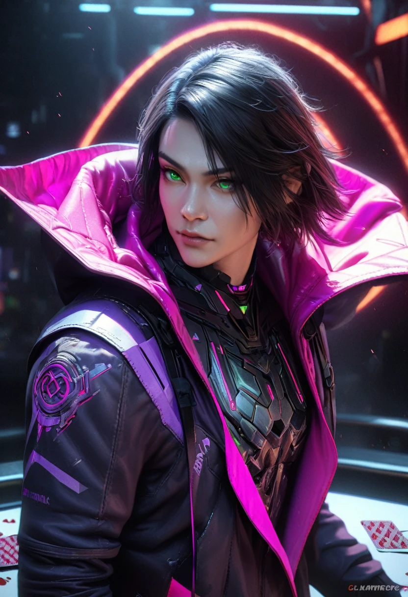 1 man with short black hair and green eyes, wearing a black and purple hooded futuristic cyberpunk outfit, playing cards, intricate details, hyper realistic, octane render, 8k, HDR, cinematic lighting, chiaroscuro, dramatic colors