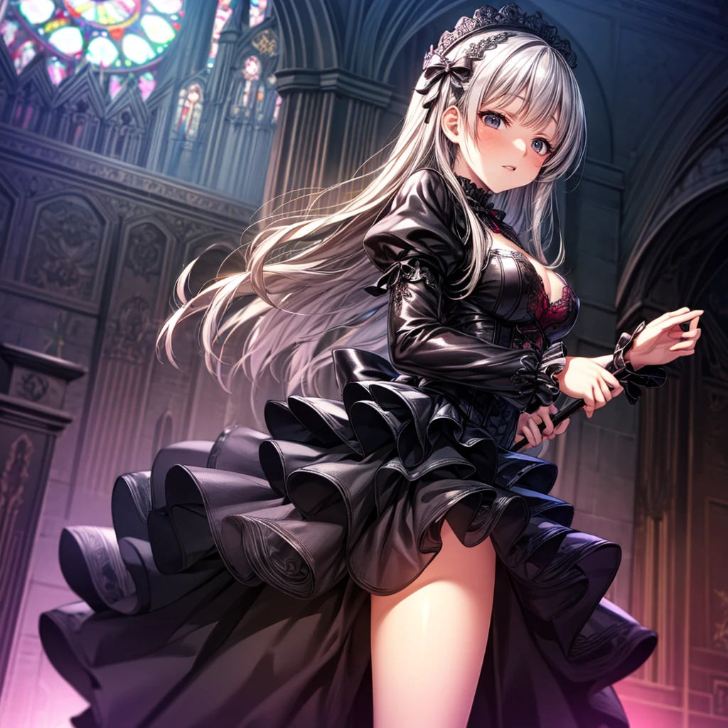 quality,8k,Highly detailed CG unit wallpaper, masterpiece,High resolution,top-quality, real texture skin,surreal,Increase the resolution,RAW Photos,highest quality,Very detailed,From below,Cool Beauty,Glamour Women, Cute pose,Gothic Lolita,A skirt full of frills, Red Embroidery,silver_Shiny long hair, Queen, world, Crystal Flower,Sparkling stained glass like a kaleidoscope,Majestic cathedral ,Detailed embroidery, Very layered ruffles, Detailed Texture,A geometric magic circle above your head,Decorated silver staff,