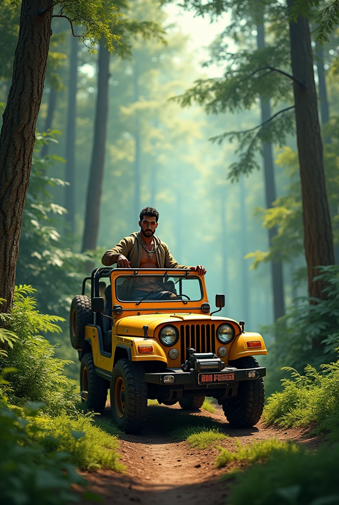 Mahabeli sitting on a thar Jeep in the forest