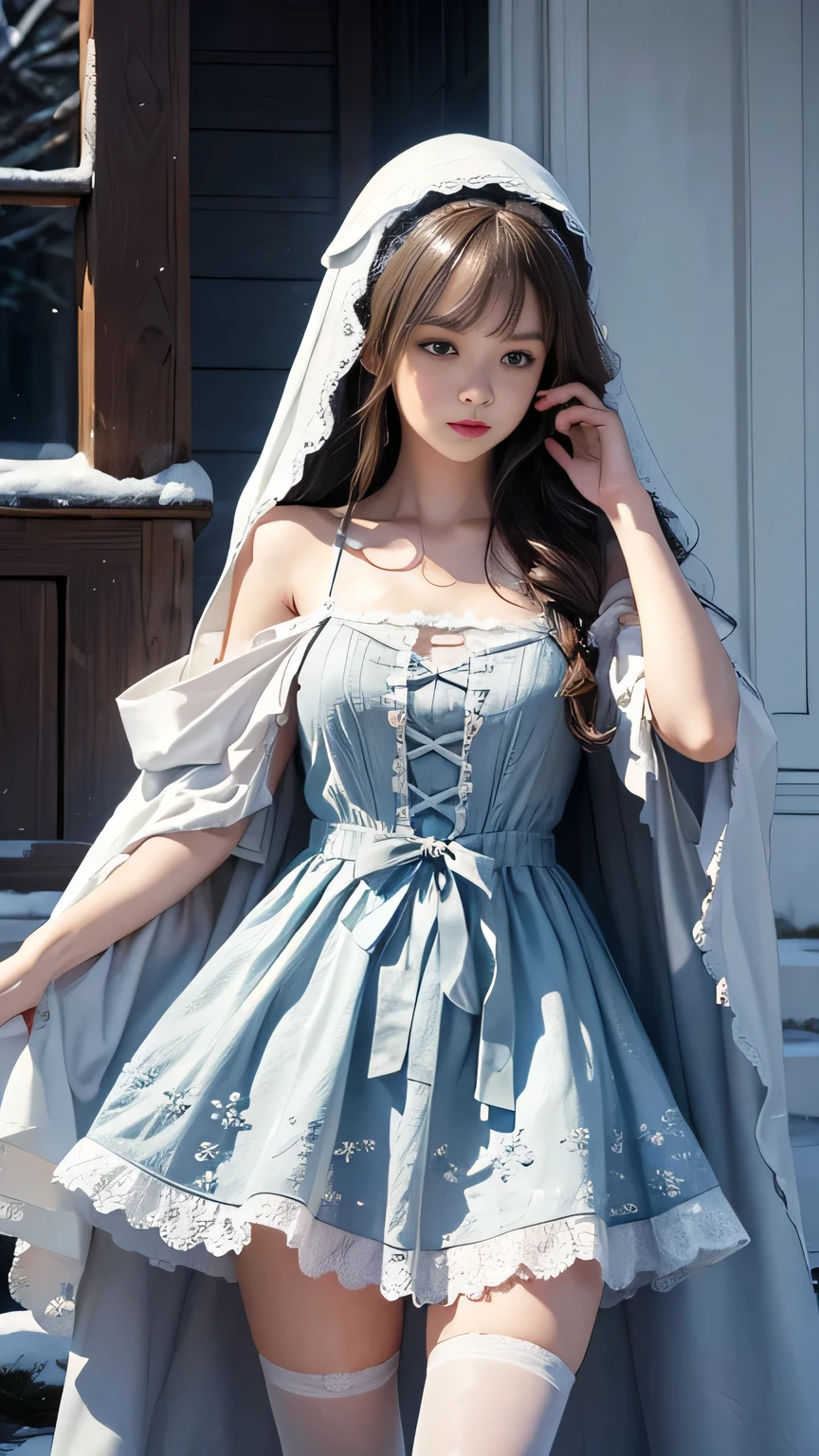 (8K,RAW photos, Best quality, masterpiece:1.2),(Realistically, Photo-realistic:1.4),Hide your face with sadness,
ta clothing,Lace, Alice Gainsborough, Upper part of the body,thigh,Lace, underwear,Expose bare shoulders, external, (external,Snow Covered,cloak,) high quality, Adobe Lightroom, High Detail Skin, Looking at the audience,