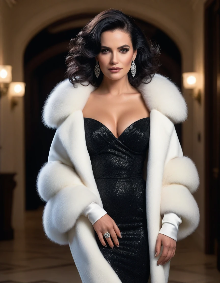 Hyperrealistic portrait of young sexy and elegant femme fatale woman with black glittery cascade hair, 45 ans, dressed in a very voluminous ivory coat with thick fur stole around bare shoulders and crystalline black evening formal dress underneath of it and wearing a long black elbow gloves, striding in her mansion, Realistic photo, dynamic lighting, affiche, volumetric lighting, highly detailed faces, 4k, prime,, 1fille, , discret,Tir de cow-boy ,cheveux longs,Cheveux noirs, very big breasts, festival de Cannes,