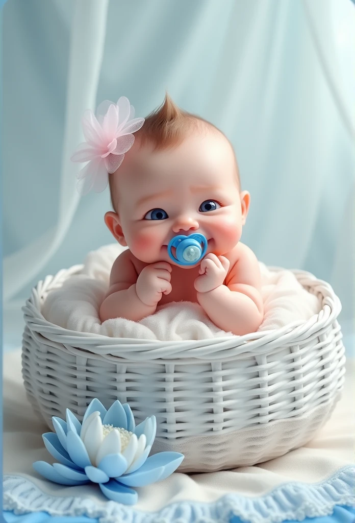 on a light background, Funny New , rosy-cheeked, Very fat, The eyes are blue, smiles and looks at the viewer, holds a pacifier, in a white basket, snow-white on the sides , transparent blue lace, frill, next to a blue flower of a white lotus, covered with a transparent veil, a transparent pink on the side of the head , 8 K (masterpiece), ((top quality)), (super detailed), arms and legs folded funny, makes you smile , holds a blue pacifier,