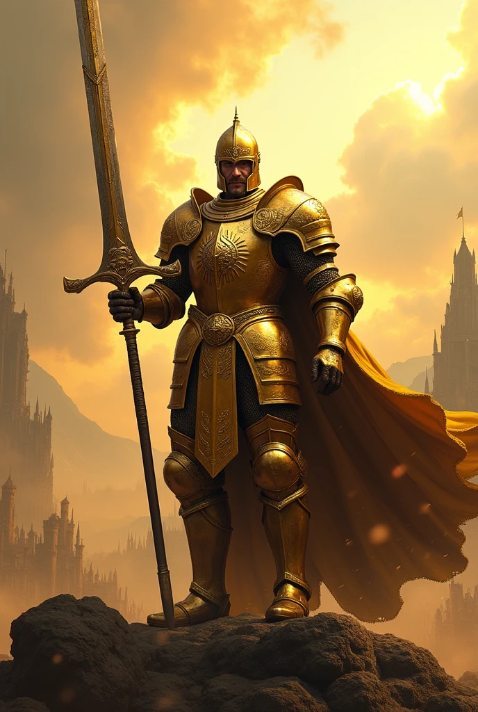 A golden knight with a broadsword