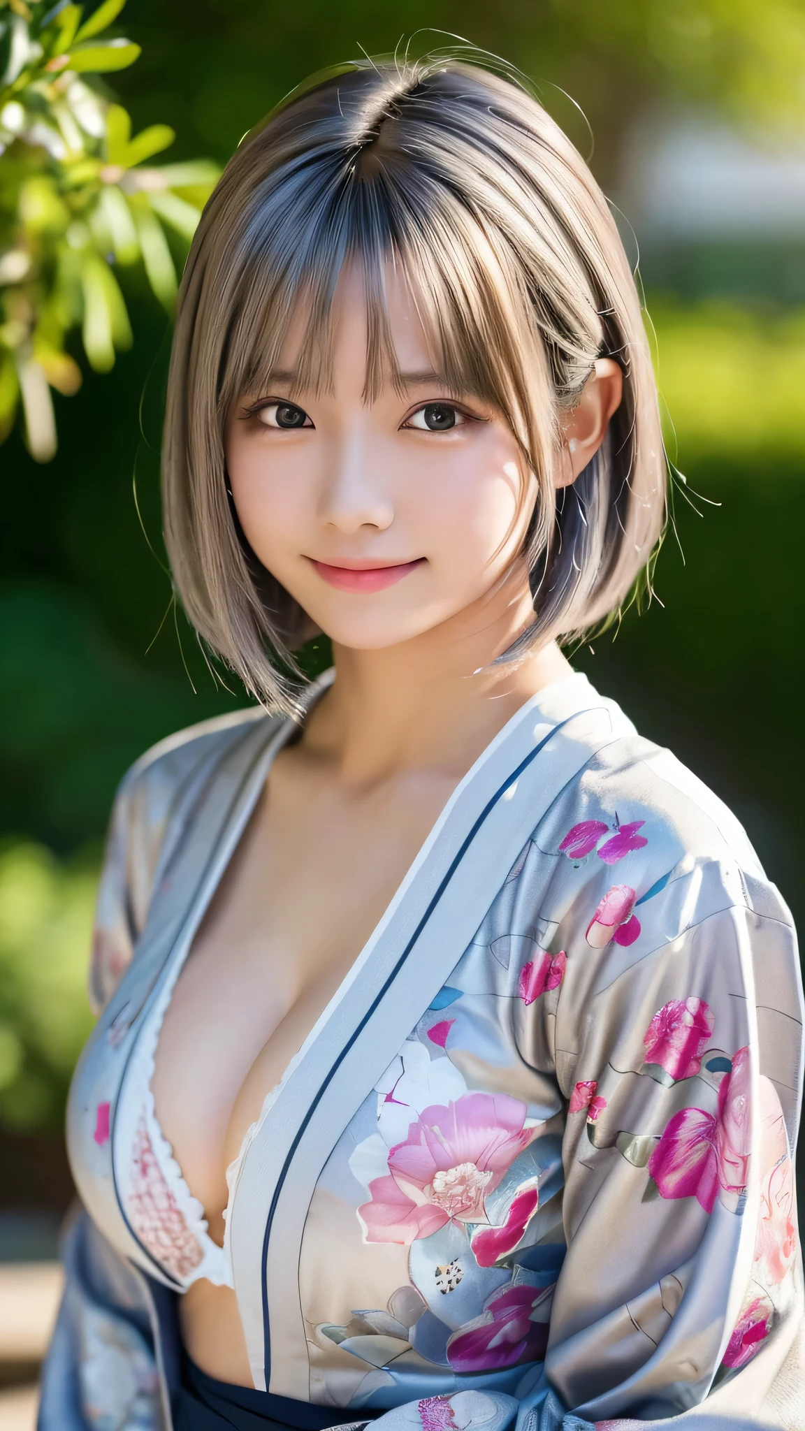 ((masterpiece, Highest quality, High resolution)), 1 Japanese girl, (Realistic: 1.4), Blushed cheeks、Embarrassing、A shy smile、Great face,Glossy lips、15 years old, Silver Hair、Silver Hair、short hair, Silver Hair、(Beautiful Hair:1.5), Floral Yukata、Long sleeve、Flower Hair Ornaments、Large Breasts、Emphasized cleavage、No underwear、Japanese garden、Staring、Angle from the front, Smooth, Highly detailed CG composite 8K background, High resolution RAW color photos, Professional photography, Light, BackLight, impressive, Written boundary depth, (Face close-up:1.2)