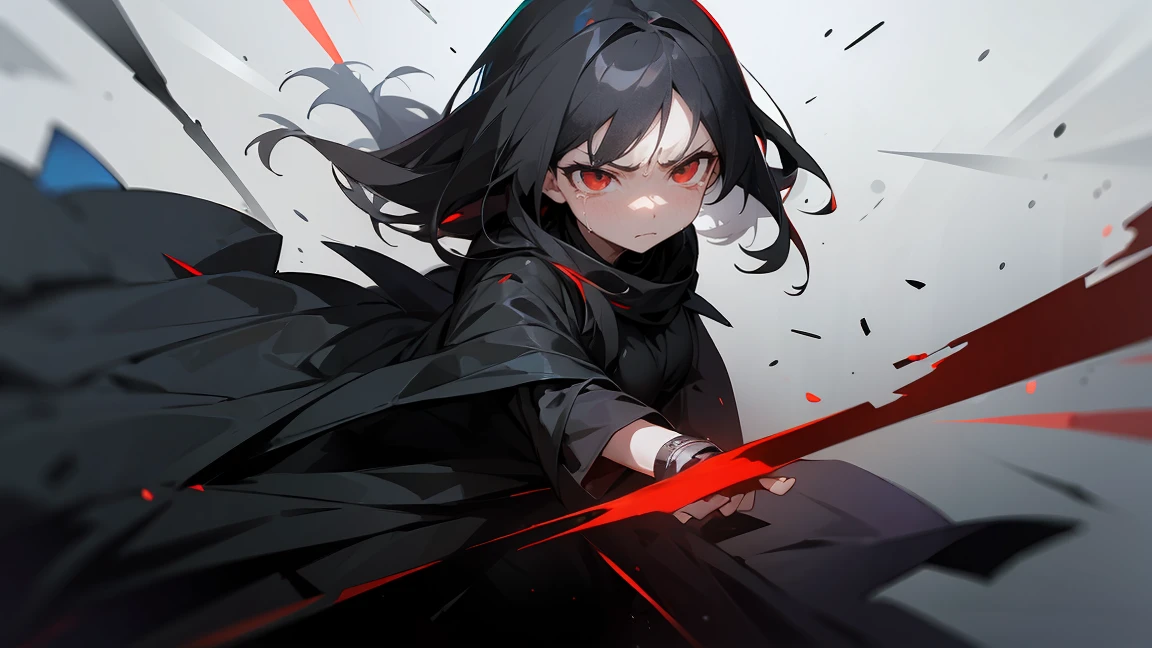 A girl glaring forward with a furious expression、Tears、Eyes of a murky red、Black clothing、Raining background、Pitch black background。Gray Hair。