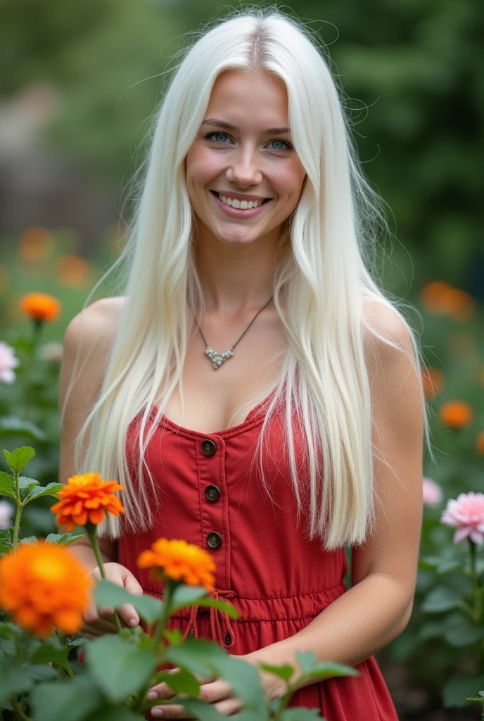 A pretty blue-eyed Instagram model with very long straight snow-white hair with a realistic natural pale porcelain complexion on an oval face. She is working in her garden surrounded by flowers and slightly dirty in a red summery dress. Her expression is happy as she is in her element in the garden.