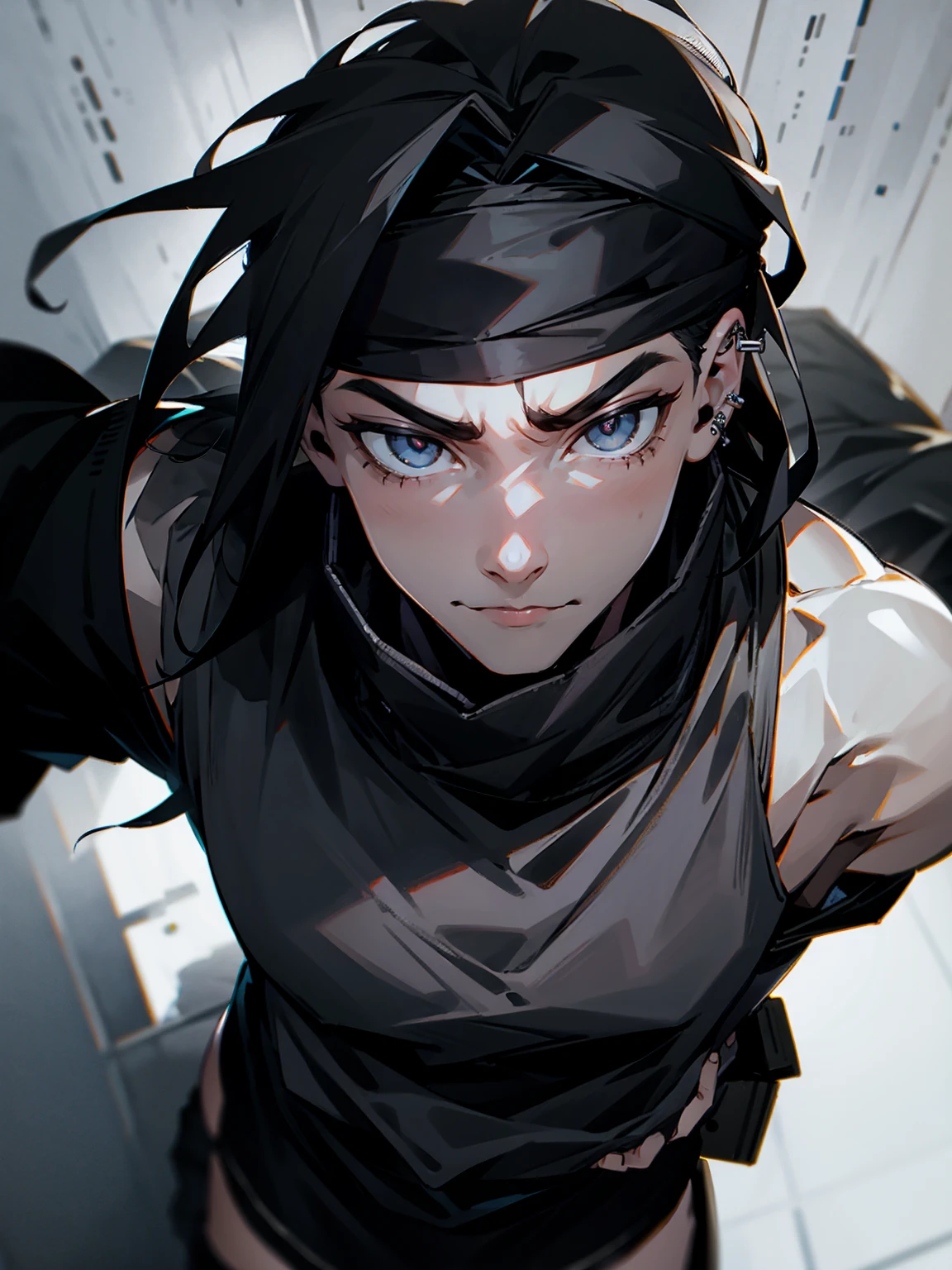 1male, adult, gojo hair, black hair, grey headband, eye piercing, lazy expression, black techwear outfit
