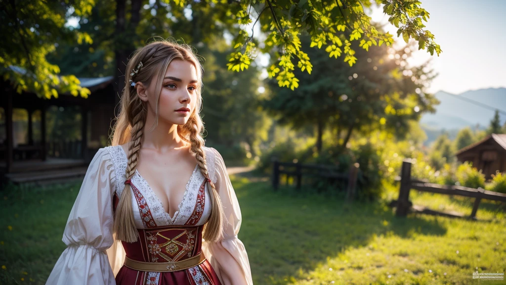 Young Latvian woman standing, wearing sexy Latvian national costume, Ukrainian ornaments, daytime, Ukrainian mountain village, detailed body, detailed face, oily body, gorgeous, surreal, seductive, cute, long braided hair, ambient light, hot summer, bokeh effect, detailed background, volumetric light, drop shadow, 8k