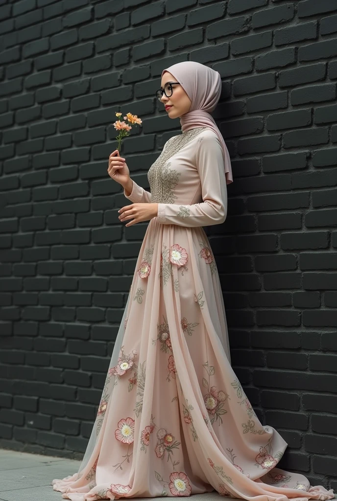 a bespectacled Muslim woman with a flower in hand, full-body, sensual body, leaning against a black brick wall, neutral colors, muted and pastel colors, fashion style 1 9 9 0 , muted pastel colors, soft cool colors, pastel style, muted colors, wearing a long flowing floral skirt. "Calm blue bottom set", earthy colors, muted vintage colors, hijab, muslim fashion, dull neutral colors, feminine with pastel colors, neutral colors, muted colors, simple muted colors, very realistic, very realistic, (intricate details:0.9), (hdr, hyperdetailed:1.2), RAW, Sony Alpha a9 II, 24-105mm f/4, HDR,