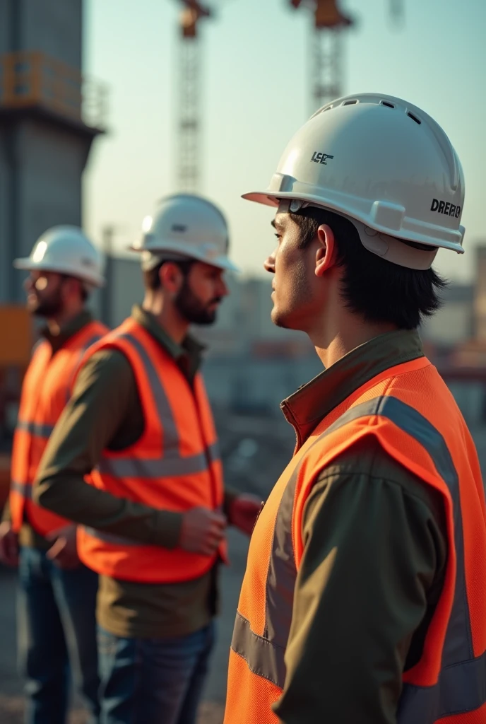 A promotional photo of construction engineers on a construction site wearing helmets with the theme that wearing a helmet while working on a construction site is hard but worth it, emphasizing the necessity of wearing a helmet, with professional lighting, background to suit the content