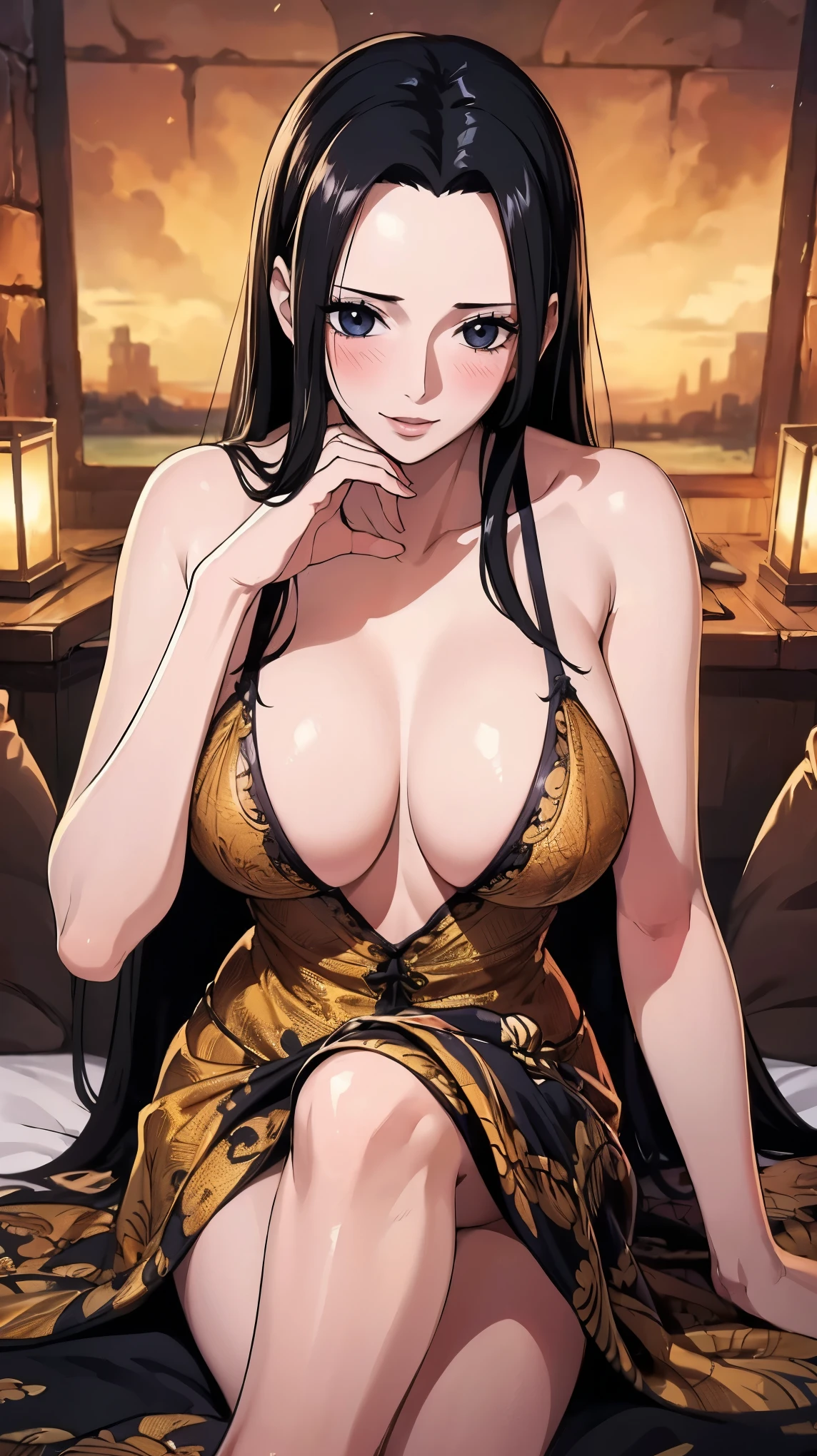 Highest quality, masterpiece, Very detailed,One girl,  ((Prison background)),  (Detail Light),, Boa Hancock,, (masterpiece:1.5), Detailed Photos, smile,(8k, Realistic, Highest quality: 1.4), (One girl), Beautiful Face, (Anime realistic face), (Black Hair, Long Hair: 1.3), Beautiful hairstyle, Realistic eyes, Beautiful details in the eyes, (Realistic Skin), Beautiful Skin, (lingerie), Absurd, Charm, 超High resolution, Ultra-realistic, High resolution, Golden Ratio,NSFW Erotic Poses,nsfw,Ecstasy face,blush,first round,handcuffs