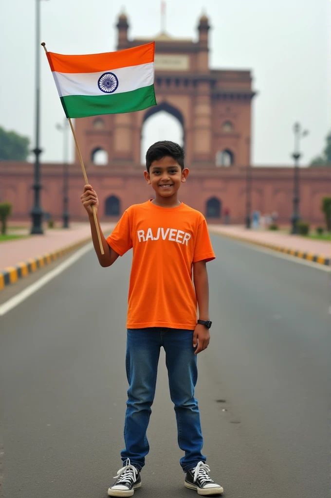 ((best quality perfect faceA real 17 years old boy. Wearing Orange T shirt blue jeans sneakers and the name "RAJVEER" is written on his t-shirt and the boy is standing on the road with holding a national flag of India, and behind him is the Red Fort UP . And written on sky "Independence Day" Create Realistic image high quality
