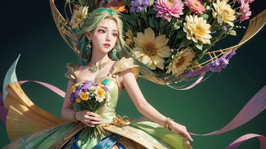 32K, 最高quality, 最高masterpiece, (ultra-Detailed Background, Detailed Background), High resolution, Super detailed, Very detailedな, One girl, (bouquet:1.3), (Tangled:1.2), (Geometric:1.2),(colorful),(masterpiece, quality, best quality, Official Art, Beautiful and beautiful:1.2), (1 girl:1.3), Very detailed,(colorful:1.1)(Flowers:1.3),Most detailed,(Tangled:1.2), whole body, (Abstract background:1.3), (Skin glows), (Many colors:1.4), ,(Earrings Jewelry:1.5), Light green background,