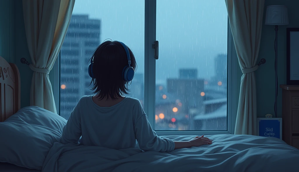 LO-Hiイメージ、A girl wearing headphones, relaxing in her room, watching the rain outside.