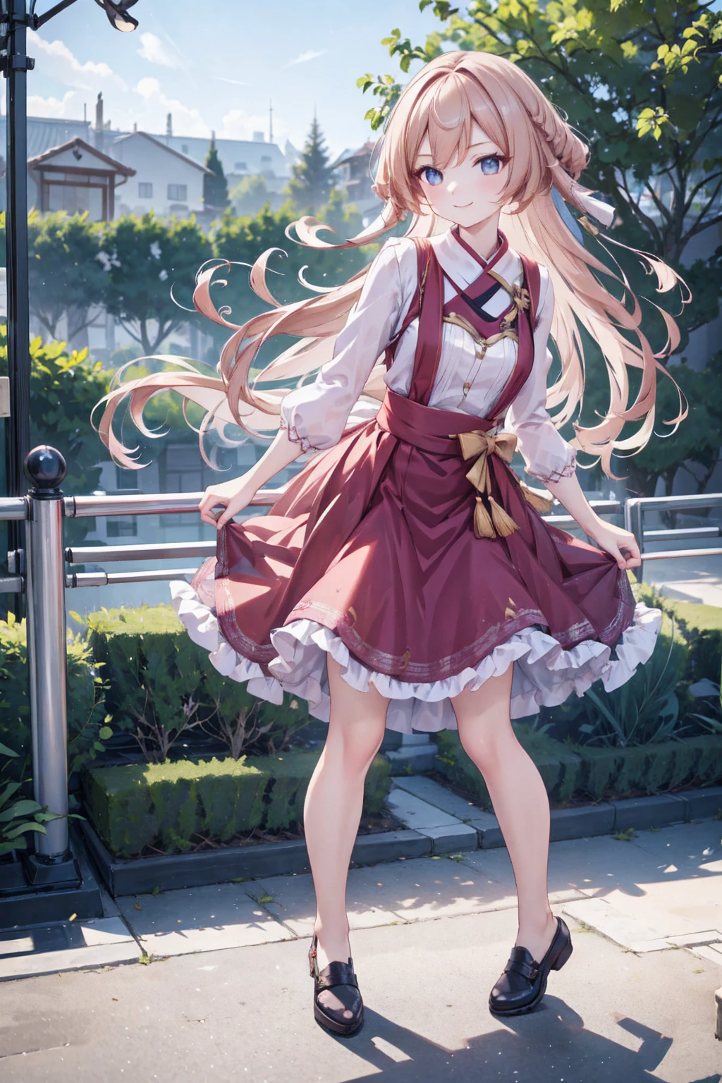 low-angle shot, smile, look at viewer, long skirt, holding down her skirt as it is being blown by a strong wind, high quality, masterpiece, ultra-fine illustrations, detailed background, realistic lighting, dynamic pose