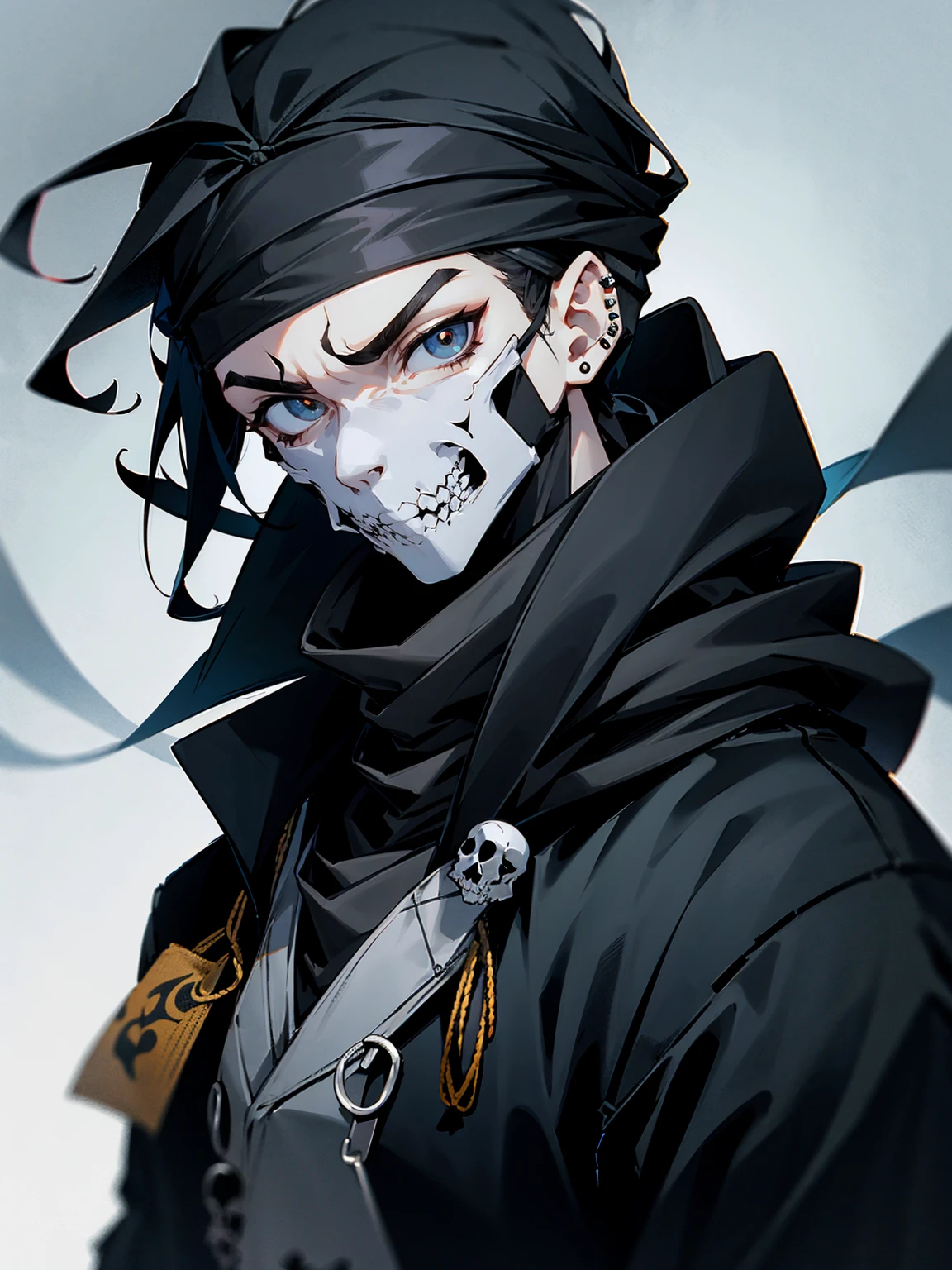 1male, adult, gojo hair, black hair, grey headband,  skull mask eye piercing, lazy expression, black techwear outfit