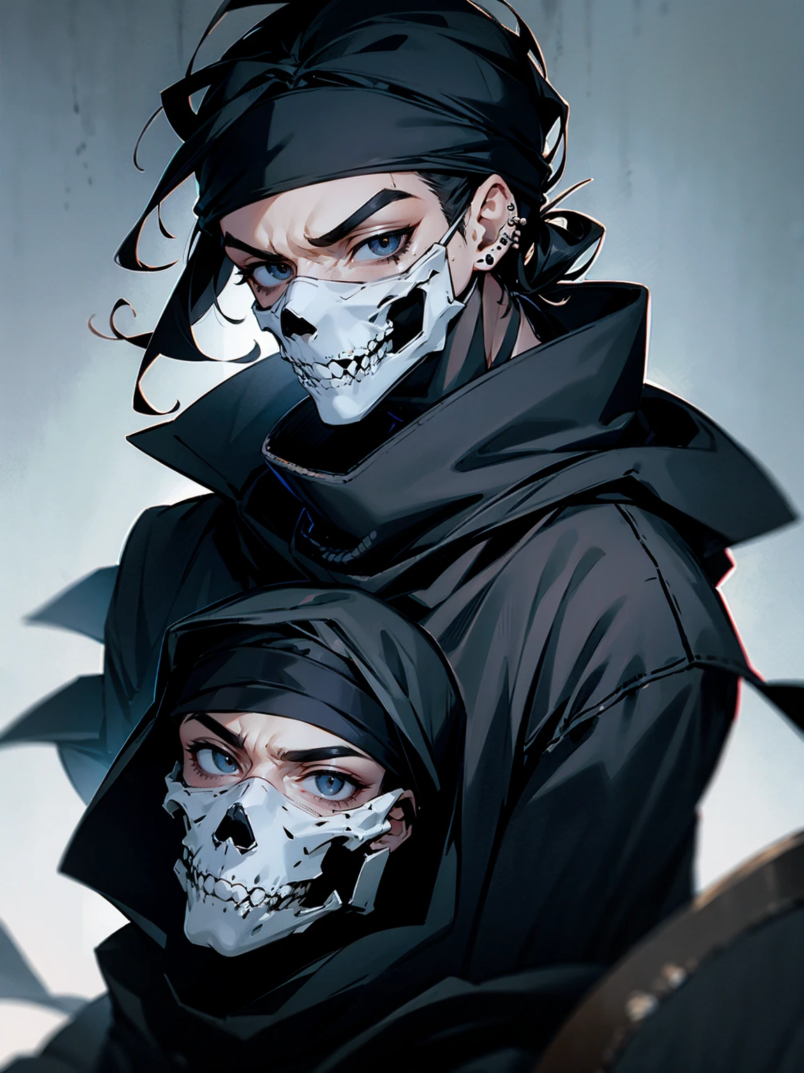 1male, adult, gojo hair, black hair, grey headband, skull mask eye piercing, lazy expression, black techwear outfit