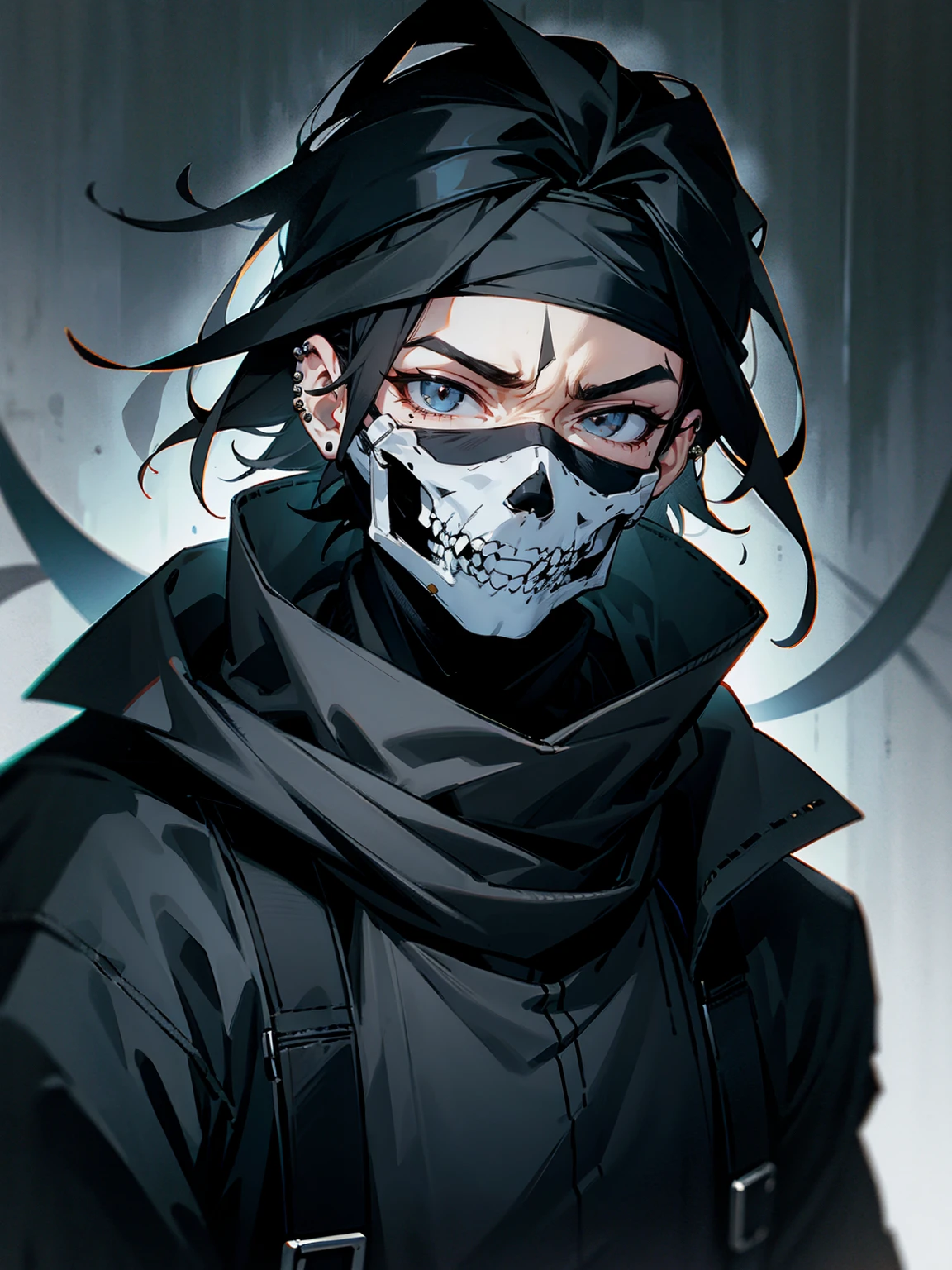 1male, adult, gojo hair, black hair, grey headband, skull mask eye piercing, lazy expression, black techwear outfit