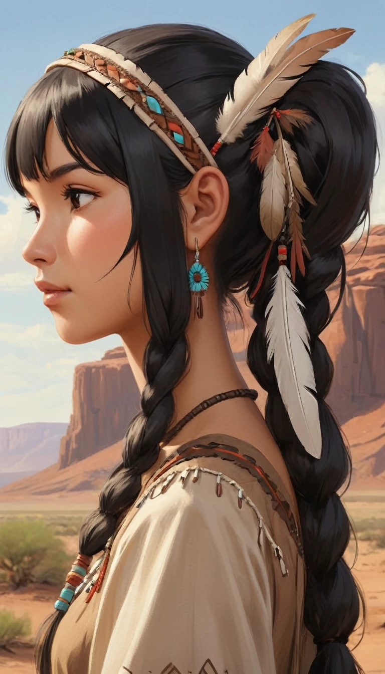 cheyenne、profile、Upper Body、masterpiece、Highest quality、1 beautiful girl、Black Hair、Twin tails、20-year-old、Feather hair ornament、head band、Brown skin、dress、Native American、Upper Body、profile、scenery、desert