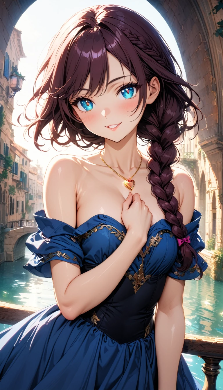 (masterpiece, very aesthetic:1.4), best quality, incredibly absurdres, Accurate, intricate, 8K, stunning, stylized, 
ultra-detailed, (incredibly detailed:1.2), simplified details, fine texture, 
cinematic, recent, (vibrant:1.2), (clear pictures, clean lines, crisp edges), (soft lighting:1.2), 
cowboy shot, 
BREAK 
1 beautiful girl, 18yo, small face, beautiful detailed face, narrow waist, The beauty and danger of growing from a girl to an adult, A symbol of miraculous beauty, Graceful posture, sensual, bewitching woman,  (cleavage:0.8), 
(burgundy hair, a long single braid hair:1.4), smooth hair, asymmetrical bangs, 
BREAK 
(aqua blue eyes), black oblong pupils, (slant eyes, glass-like sparkling eyes are blurry and dreamy, beautiful detailed eyes, growing eyes, long delicate eyelashes, Meticulous Eyelash Details), 
BREAK 
(navy blue  dress, off shoulder, Strapless dress, Sleeveless:1.3), (black corset), (a tiny heart-shaped golden colored ring pendant:1.4), 
BREAK 
 A fantasy world cityscape, sunny afternoon, A city resembling Venice with canals, (Leaning against the railing of a bridge over a large river), Bright lighting, Beautiful world, Blown by the gentle wind, Soft sunlight that induces afternoon drowsiness, 
BREAK 
gorgeous lips, natural pink lips, beautiful detailed lips, Glossy, 
(seductive smile:1.3), (looking side glance), (left hand on own chest:1.2), perfect eyes, 