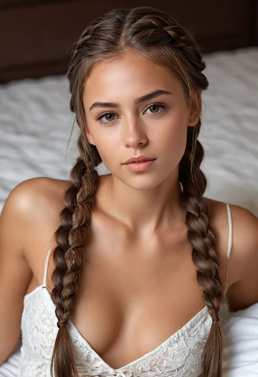 whole body visible , naked on bed , Expressiveh, naked , slim beautiful lips , more distinct jawline , sexier face , sexy ,tan,,free flowing long brown hair , 1 small single french braid going around har to other side , european features , sexy beautiful , v shaped jawline , (masterpiece ), (ultra realistic ), (photo realistic ), (hyperphotorealistic ), beautiful young western european girl , 21 years old , white women , medium tan , v shaped jawline , collarbone visible , long brown hair with some hair dark brown ,1 french braid , , beautiful light brown eyes , sexy , hot , sensual , beautiful , sexy