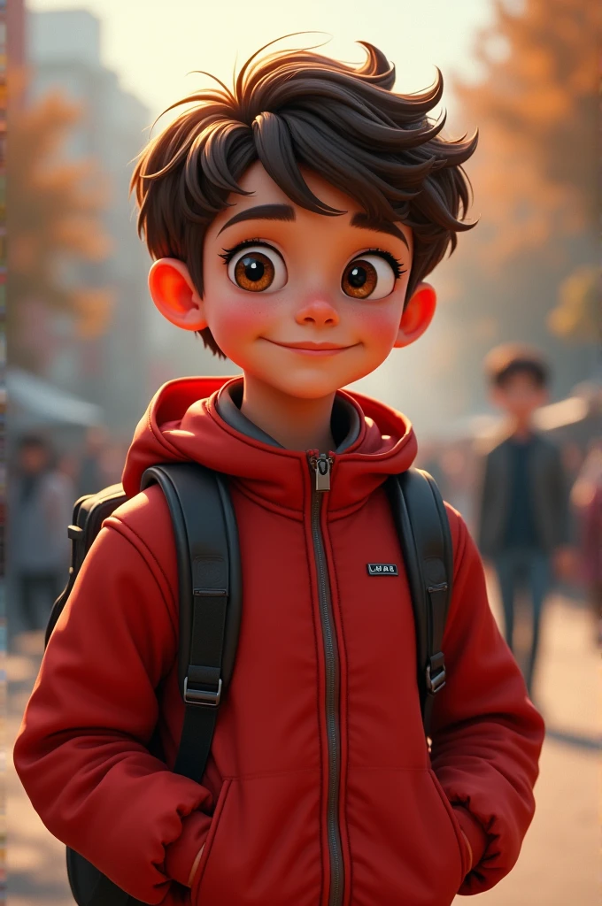 11 year old boy with brown eyes and brown hair wearing red jacket