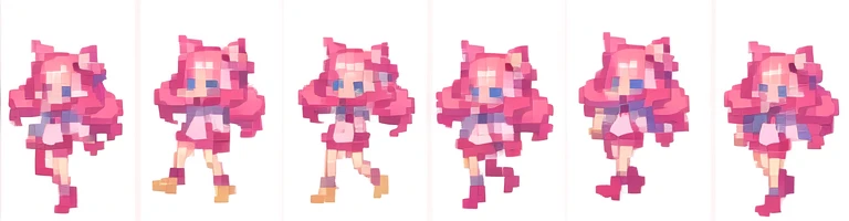 the very same person character chips , masterpiece , 6 poses (put out one's left foot , put out one's right foot , 2 front-facing poses , 2 back poses),best quality , pixel , pixel art , xiangsu , xiang su , sequence frames , walking , 1 girl , fantasy clothes , full body , white background , heroine , deformed , sexy , chibi , Highly Exposed , pink clothes , pink hair , walking frame