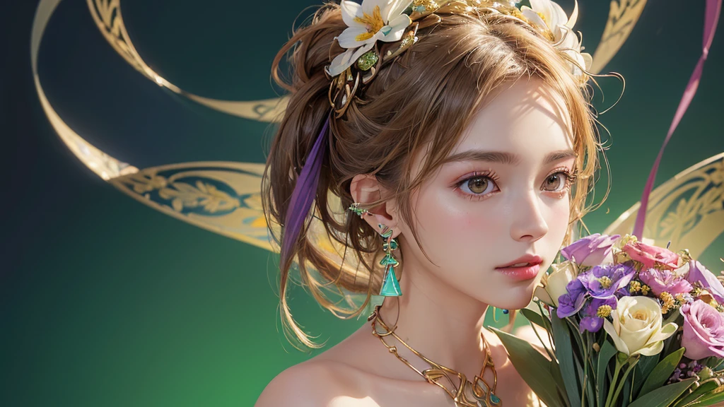 32K, 最高quality, 最高masterpiece, (ultra-Detailed Background, Detailed Background), High resolution, Super detailed, Very detailedな, One girl, (bouquet:1.3), (Tangled:1.2), (Geometric:1.2),(colorful),(masterpiece, quality, best quality, Official Art, Beautiful and beautiful:1.2), (1 girl:1.3), Very detailed,(colorful:1.1)(Flowers:1.3),Most detailed,(Tangled:1.2), whole body, (Abstract background:1.3), (Skin glows), (Many colors:1.4), ,(Earrings Jewelry:1.5), Light green background,