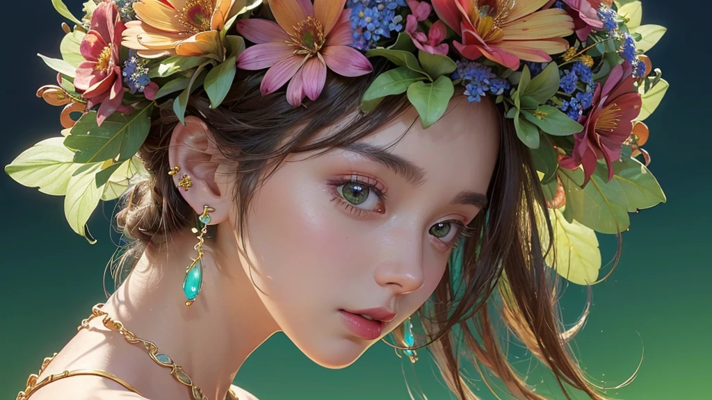 32K, 最高quality, 最高masterpiece, (ultra-Detailed Background, Detailed Background), High resolution, Super detailed, Very detailedな, One girl, (bouquet:1.3), (Tangled:1.2), (Geometric:1.2),(colorful),(masterpiece, quality, best quality, Official Art, Beautiful and beautiful:1.2), (1 girl:1.3), Very detailed,(colorful:1.1)(Flowers:1.3),Most detailed,(Tangled:1.2), whole body, (Abstract background:1.3), (Skin glows), (Many colors:1.4), ,(Earrings Jewelry:1.5), Light green background,