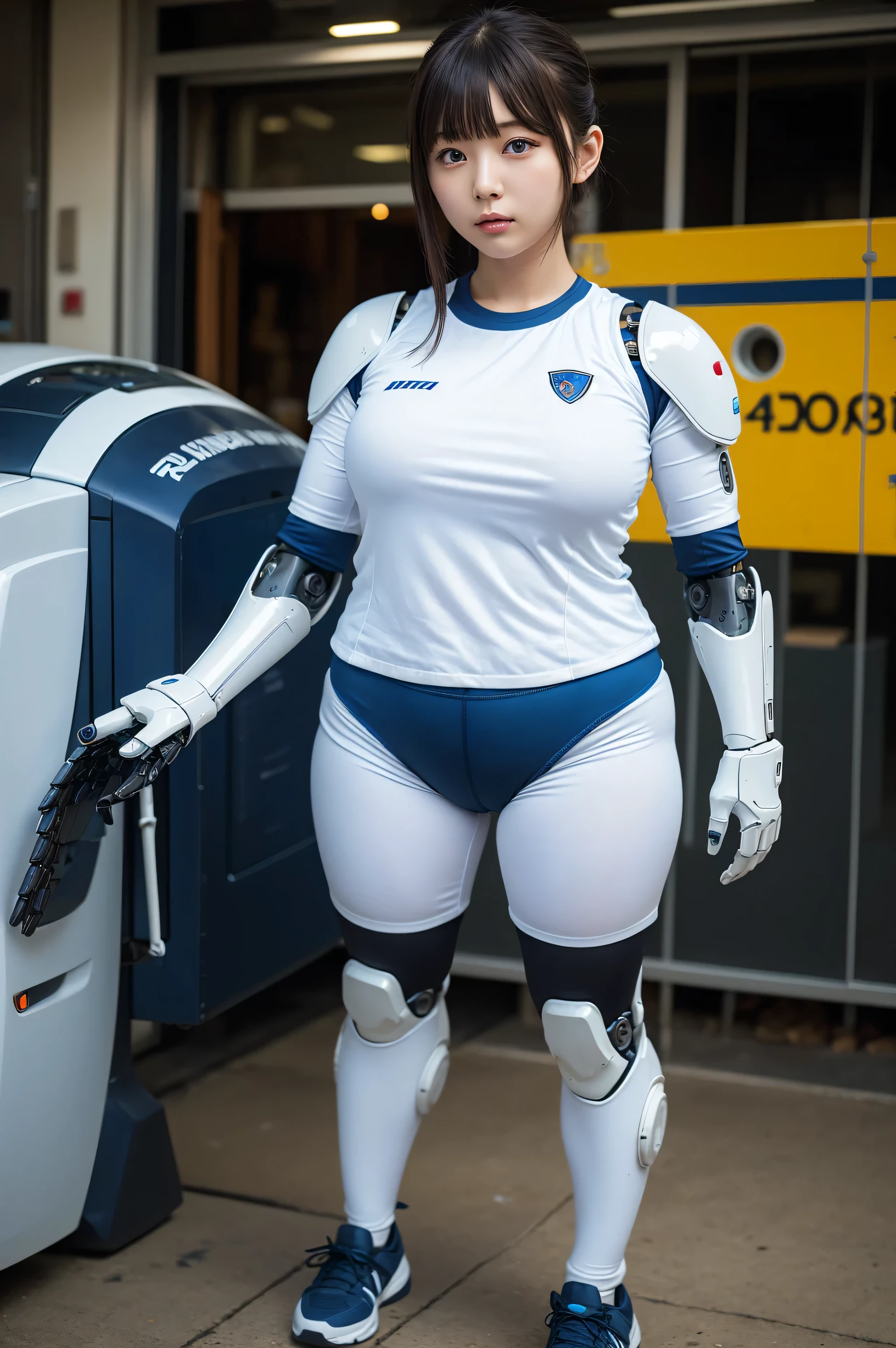 masterpiece, Highest quality, Very detailed, Japanese Android girl,Plump ,Control panel,robot arms,robot,Android,cyborg,white robot body,Ceramic body,perfect robotgirl,Blunt bangs,robot repair plant,Chubby,sports wear,training wear,blue eyes,