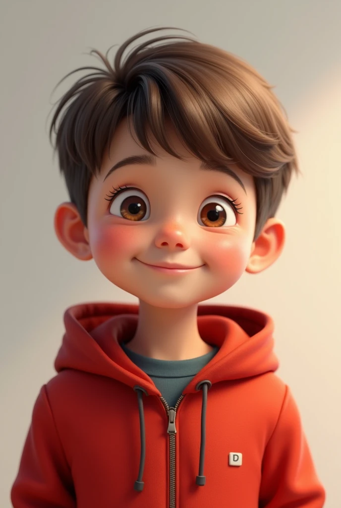 Real 11 year old boy with brown eyes and brown hair wearing red jacket