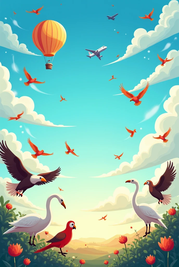 Give me a picture of day light sky with all types of birds, an aeroplane, a jet, an air balloon, and a sattalite. This should be suitable for a children