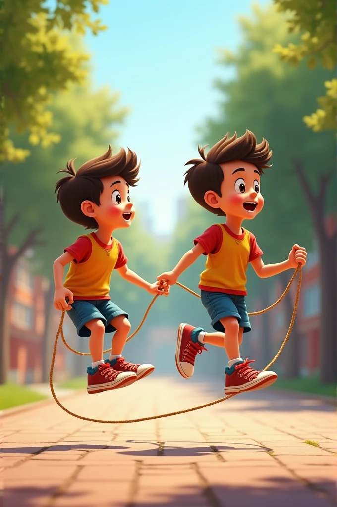 Boys playing double dutch。One end of the rope touches the ground.、The other one is floating。