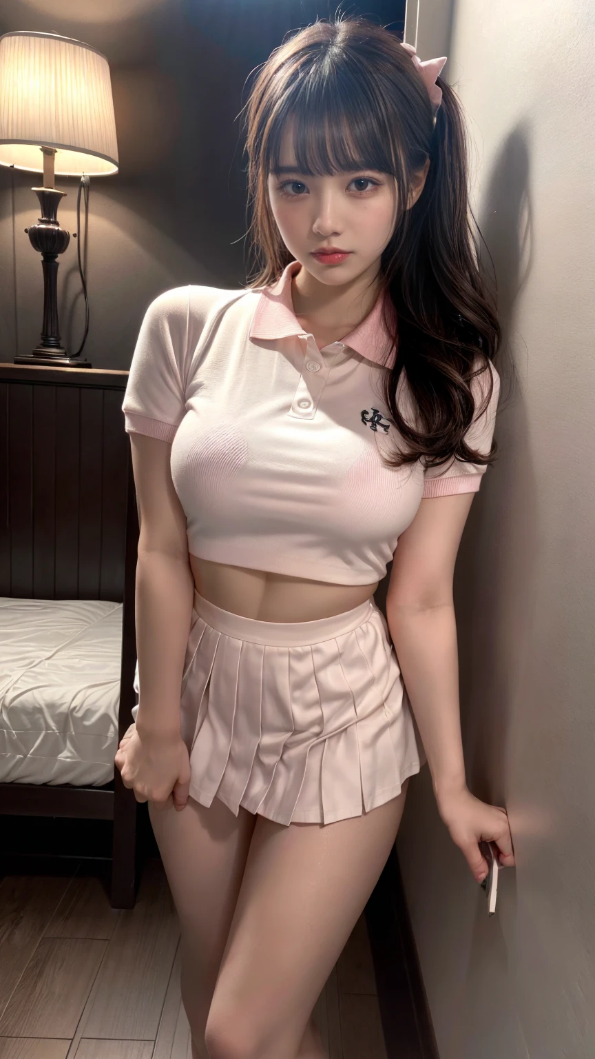 (absurdres:1.3), (highres:1.3), (ultra detailed:1.3),(1girl:1.3), (extremely detailed CG unity 8k wallpaper:1.3), (detailed skin texture, detailed cloth texture, detailed hair texture), (beautiful detailed face, supermodel, pale skin, realistic glistening skin), (RAW photo, best quality), (realistic, photo-realistic:1.4), masterpiece, extremely delicate and beautiful,Amazing, finely detail, extremely detailed CG unity 8k wallpaper, huge filesize, ultra-detailed, highres, absurdres, soft light,rim light, vibrant details, hotel room, straight hair, large breasts, black hair color, Big Natural Color Lip, (perfect body shape), beautiful legs, BREAK (white theme:1.4), (tucked-out short sleeve white polo shirt:1.4), (pink lines on tops outline:1.3), (pure white pleated mini skirt:1.3), (hem of top covers top half of skirt:1.3), (pink fluffy scrunchie on wrist:1.3), (white and pink sports shoes:1.2), crying a little、little smile, Harajuku style、20 year old girl、cute type、ta、standing