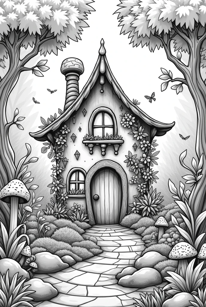 Fairy house land coloring book pages nature background no color black and white high details