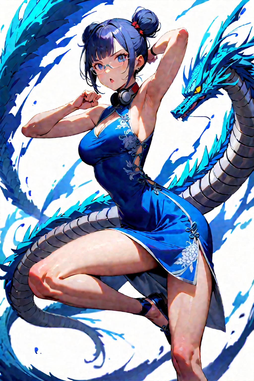 (extremely detailed fine touch:1.3), (((silver semi-rimless eyewear:1.3))), (wear silver headphones around neck:1.0), blue short hair, double bun, blunt bangs, 1girl, solo, full body,
kung fu pose, Kicking, earring, serious, chestnut mouth, make up, bare arms, medium breasts, cleavage, extremely detailed blue beautiful Cheongsam, china shoes, extremely detailed, chinese blue dragon, blue flame,