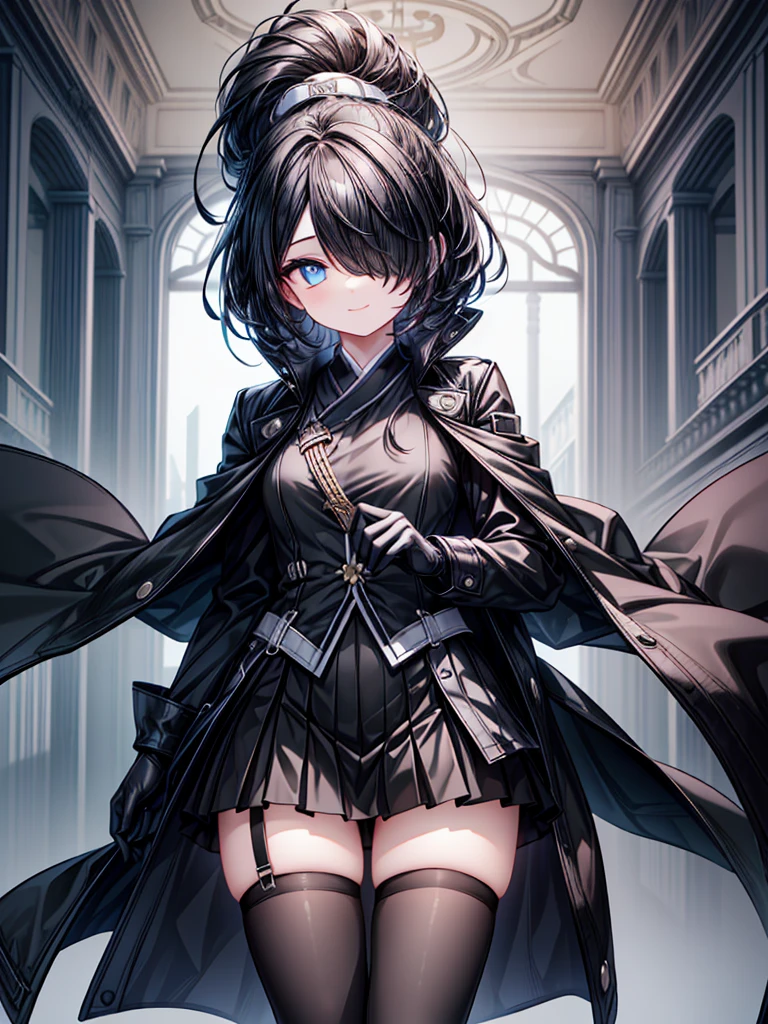 ((Oriental Project)),((masterpiece)),((Highest quality)),((Fascinating)),((alone)),((Deep blue pupils)),((Beautiful Blue Eyes)),((Wearing a black coat)),((Wearing a black mini skirt,She is wearing black tights under her skirt)),((Slim body)),((length, Shiny black hair)),((Her left eye is completely hidden by her bangs)),((Her hair is parted, and you can see her eyes through it)),((Wearing black gloves)),((hair over one eye,long hair)),((Ruthless smile)),((Complex background)),((overwhelmingly strong))
