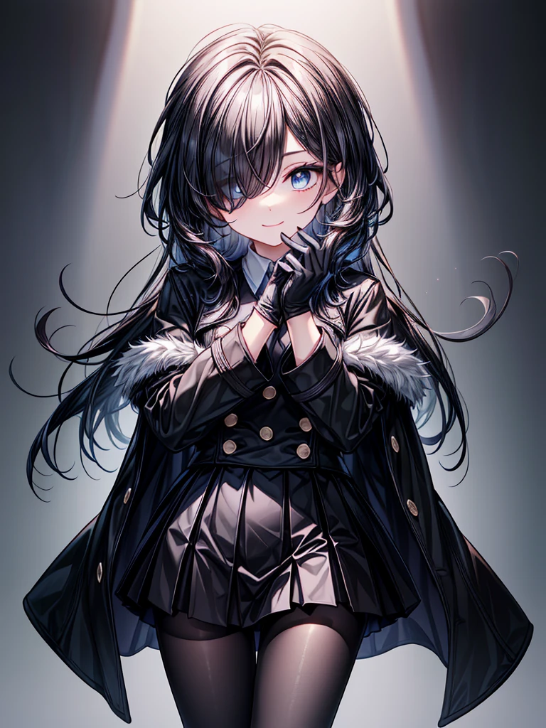 ((Oriental Project)),((masterpiece)),((Highest quality)),((Fascinating)),((alone)),((Deep blue pupils)),((Beautiful Blue Eyes)),((Wearing a black coat)),((Wearing a black mini skirt,She is wearing black tights under her skirt)),((Slim body)),((length, Shiny black hair)),((Her left eye is completely hidden by her bangs)),((Her hair is parted, and you can see her eyes through it)),((Wearing black gloves)),((hair over one eye,long hair)),((Ruthless smile)),((Complex background)),((overwhelmingly strong))