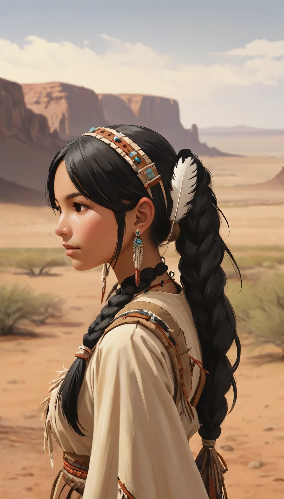 cheyenne、profile、Upper Body、masterpiece、Highest quality、1 beautiful girl、Black Hair、Twin tails、20-year-old、Feather hair ornament、head band、Brown skin、dress、Native American、Upper Body、profile、scenery、desert