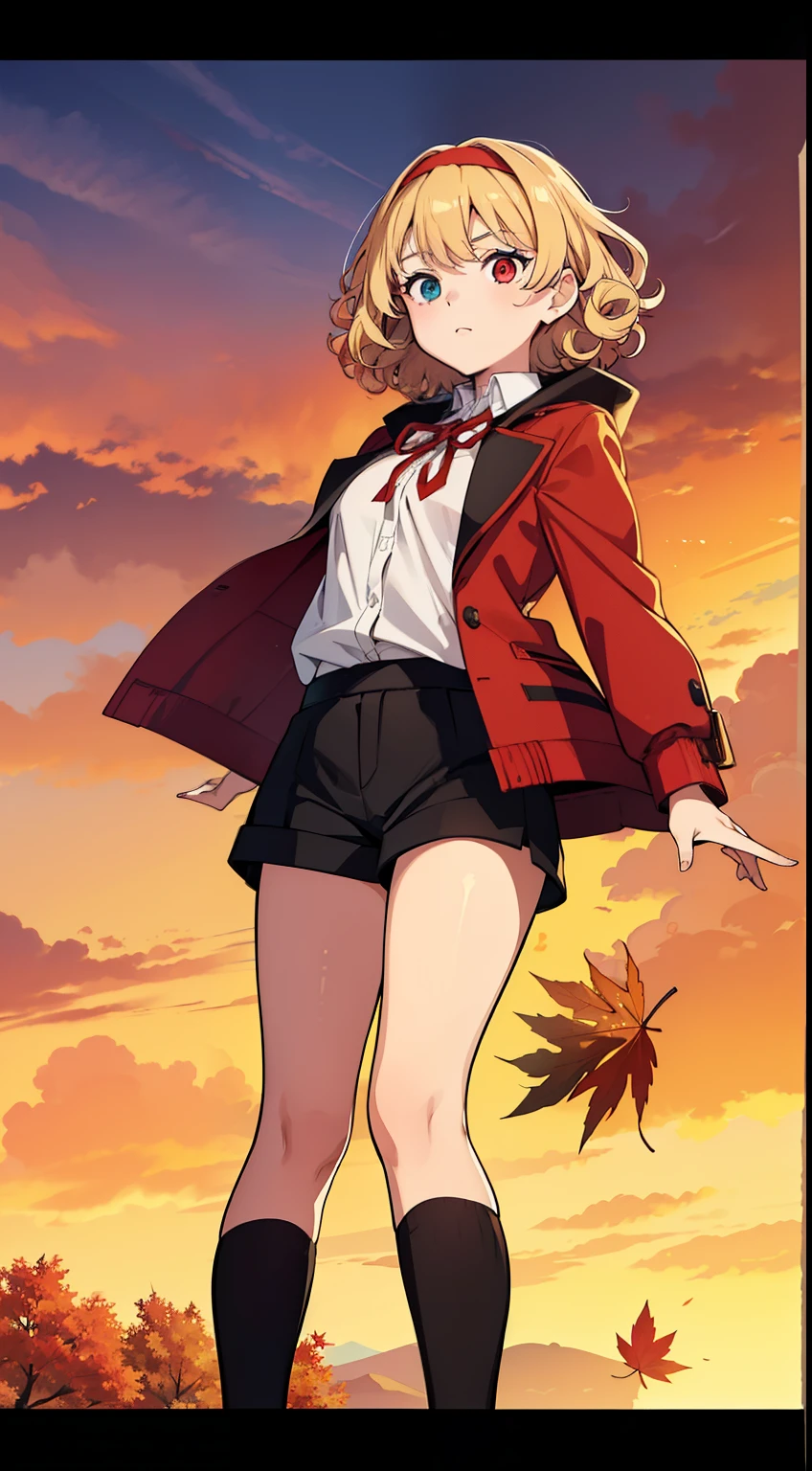 (high-quality, breathtaking),(expressive eyes, perfect face) 1girl, female, solo, teenager, Symmetrical Eyes, light blonde hair, Heterochromia left red and right brown eye color, short hair length, curly wavy hair, red headband, red ribbon in hair, fluffy jacket, shirt, cute black shorts, long socks, half body shot, zoomed out, autumn theme, autumn background, fantasy school attire, flying maple leaf's, sunset sky
