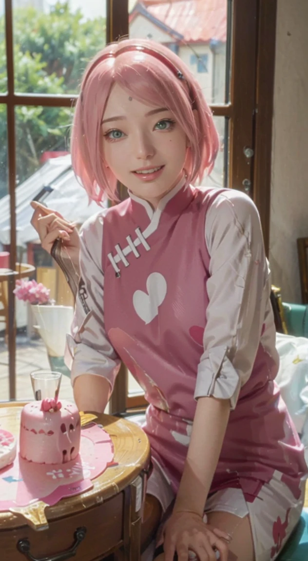 beautiful sakura haruno , pink hair girl, adolable , girl, sitting at the dining table, Birthday cake on the table, Sunlight outside the window, (smile of her beautiful face) beautiful smile, big smile, happy face on birthday , White teeth