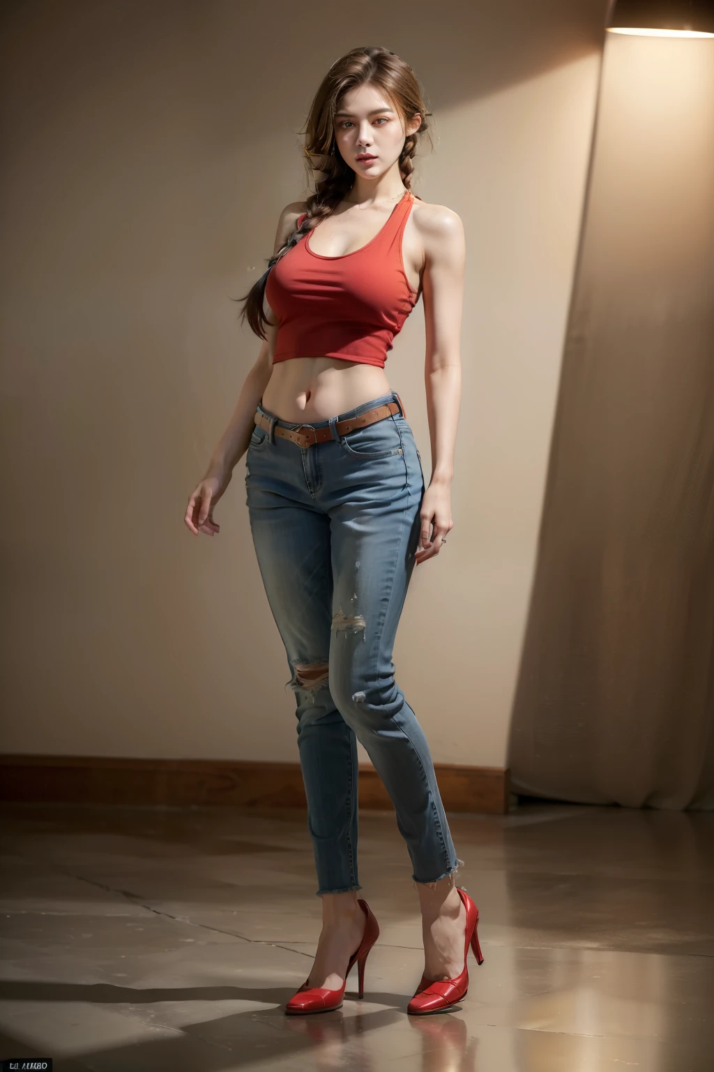 (RAW shooting, Photoreal:1.5, 8k, highest quality, masterpiece, ultra high resolution), perfect dynamic composition:1.2, Highly detailed skin and facial textures:1.2,beautiful and aesthetic:1.2, y beauty, perfect style, belief, Strong-willed, revenge, Fair skin, very beautiful face, (large bre8, Chest gap:1.8), (beautiful eyes)(1girl, tall, long legs, navel:1.2, makeup:1.2, single braid, thicc tight:1.4, red color tank top,sleeveless,belt:2,red color jeans:2,plunging neckline:2),(simple background:1),(knees together),(full body photo:2),
