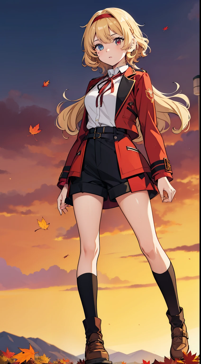 (high-quality, breathtaking),(expressive eyes, perfect face) 1girl, female, solo, teenager, Symmetrical Eyes, light blonde hair, Heterochromia left red and right brown eye color, short hair length, curly wavy hair, red headband, red ribbon in hair, fluffy jacket, shirt, cute black shorts, long socks, half body shot, zoomed out, autumn theme, autumn background, fantasy school attire, flying maple leaf's, sunset sky
