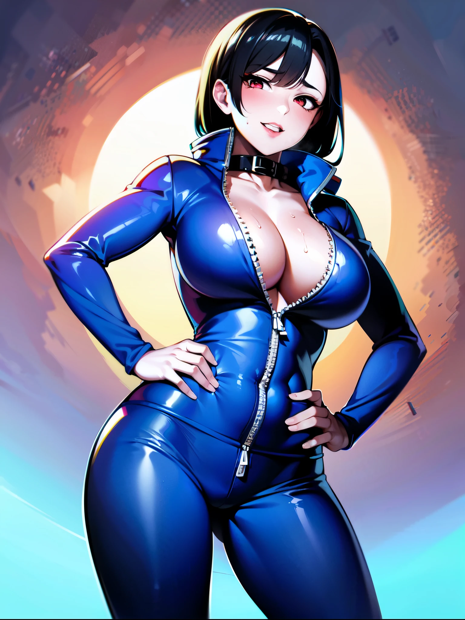 ((super high quality,Ultra-high resolution,4K,8k,super masterpiece,Ultra HD)),Sea in clear skies,Looking up from below,The blazing sun,One Girl,((Shiny blue tracksuit,Naked in a sweatsuit,(Large collar,Open collar,Tight collar),Zipper opening from under the chin to under the navel,Fine zipper),Cleavage,aexy),Long straight black hair,smile,Sharp Eyes,soaked,Sweaty,Place one hand on hip,
