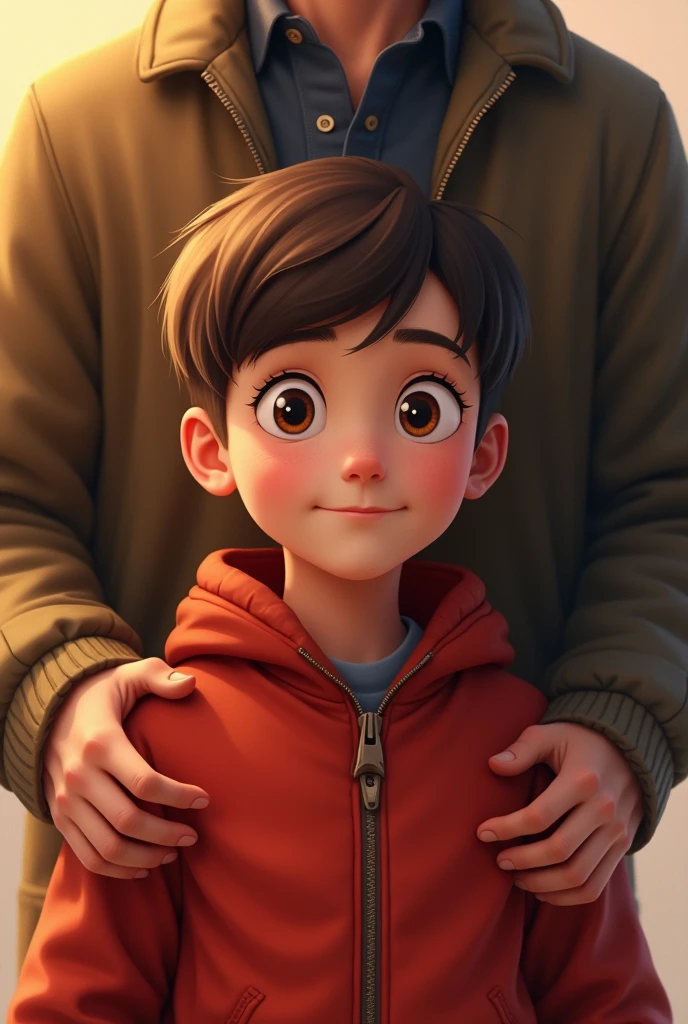 11 year old boy with brown eyes and brown hair wearing red jacket and dad