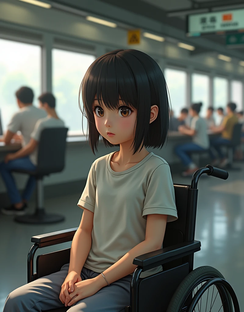 (Photorealism 16K Realism), ((Ultra-realistic body proportions, Anatomically correct:1.3)), (A 10-year-old girl in a wheelchair:1.4), ((Very troubled look:1.3)),　((Vietnam people)),  At a train station ticket office in Japan,