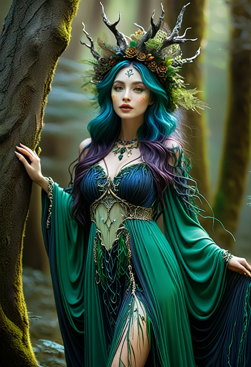 high quality, 8K Ultra HD, 一位迷人女性的Surrealism肖像.
最high quality，masterpiece：1.2，details，A full-body image of a beautiful forest witch wearing a decorative dress., Exquisite facial features，Witch fashion, Dynamic poses, Fairy tale lights, Surrealism, Ultra-maximalism, Crazy details, 4K