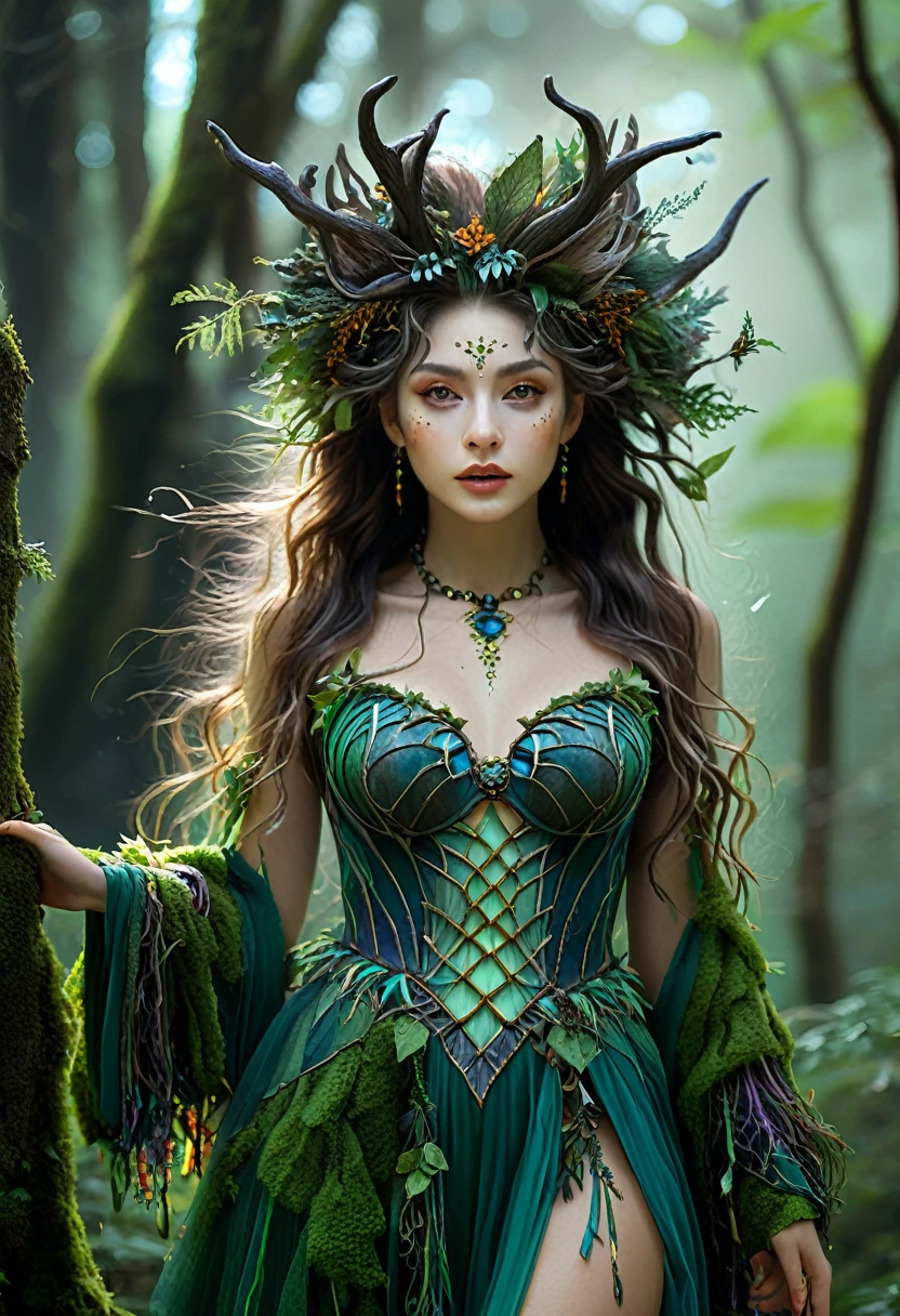 high quality, 8K Ultra HD, 一位迷人女性的Surrealism肖像.
最high quality,masterpiece:1.2,details,A full-body image of a beautiful forest witch wearing a decorative dress., Exquisite facial features,Witch fashion, Dynamic poses, Fairy tale lights, Surrealism, Ultra-maximalism, Crazy details, 4K