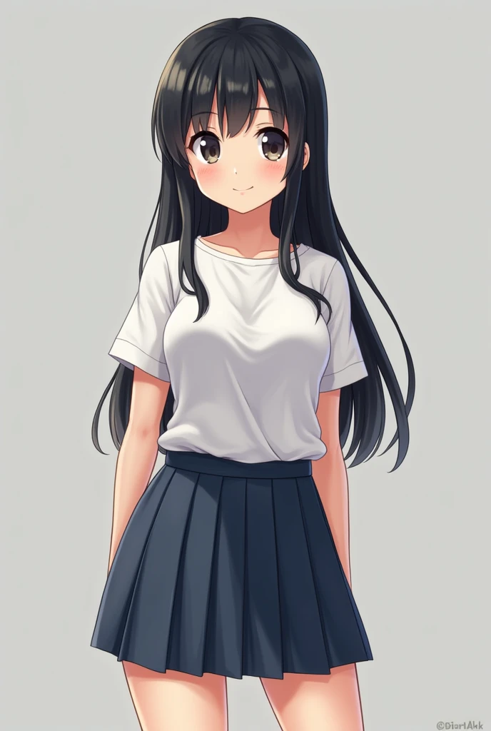Not an animation、I&#39;d like to create a Japanese female high school student with a texture as close to the real world as possible.。
The photo shows the upper body above the knees.、The chest is large、She is wearing a short skirt, and her fleshy thighs are showing underneath.。
She has big eyes, a young face appropriate for her age, and long black hair.。
