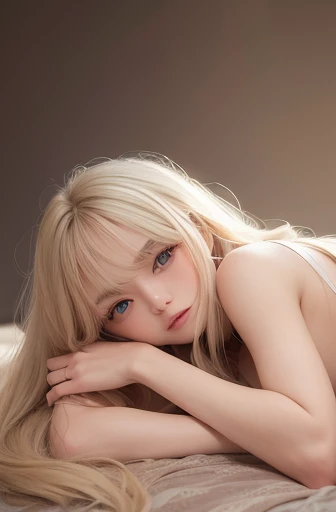 Bright expression、Photorealism、Highest quality、Ultra-high resolution、picture、北欧生まれのbeautiful少女の写真、非常にbeautiful少女、細部まで可愛くbeautiful幸せな顔、(((とてもエレガントでbeautiful、Perfect detail、Very detailed)))、((whole body、Spread your legs))、(Pure Eros Face_v1:0.008)、beautiful bangs、Alice in Wonderland、、Glowing White Skin、Facial hair、Bangs on the face、Bangs between the eyes、Super long hair、Attractive bright natural platinum blonde super long straight silky highlighter hair、High resolution eyes、beautiful, Bright and clear, Big bright blue eyes sparkle with charm、Navy blue transparent lingerie、eyeliner、double eyelid、Ample medium semi-nude bust、Cleavage, 完璧なbeautiful若い体, Perfectly balanced body, Going to bed、Sleep on your back、sprawl、Lie、Lie on your back
